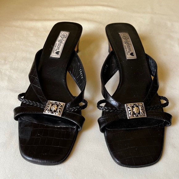 Brighton Kayla Black Leather Slide Sandals Silver Hardware Size 9.5 Floral Strap - Picture 1 of 8